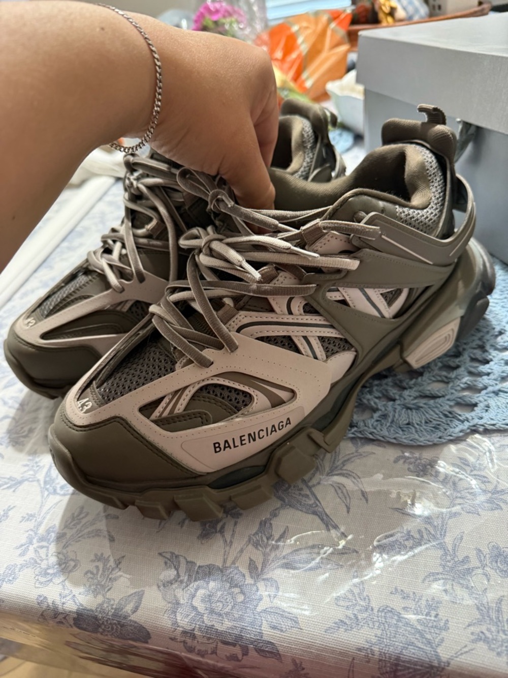 Balenciaga Women’s Layered Track Sneakers in Olive Green and Beige (Authentic)